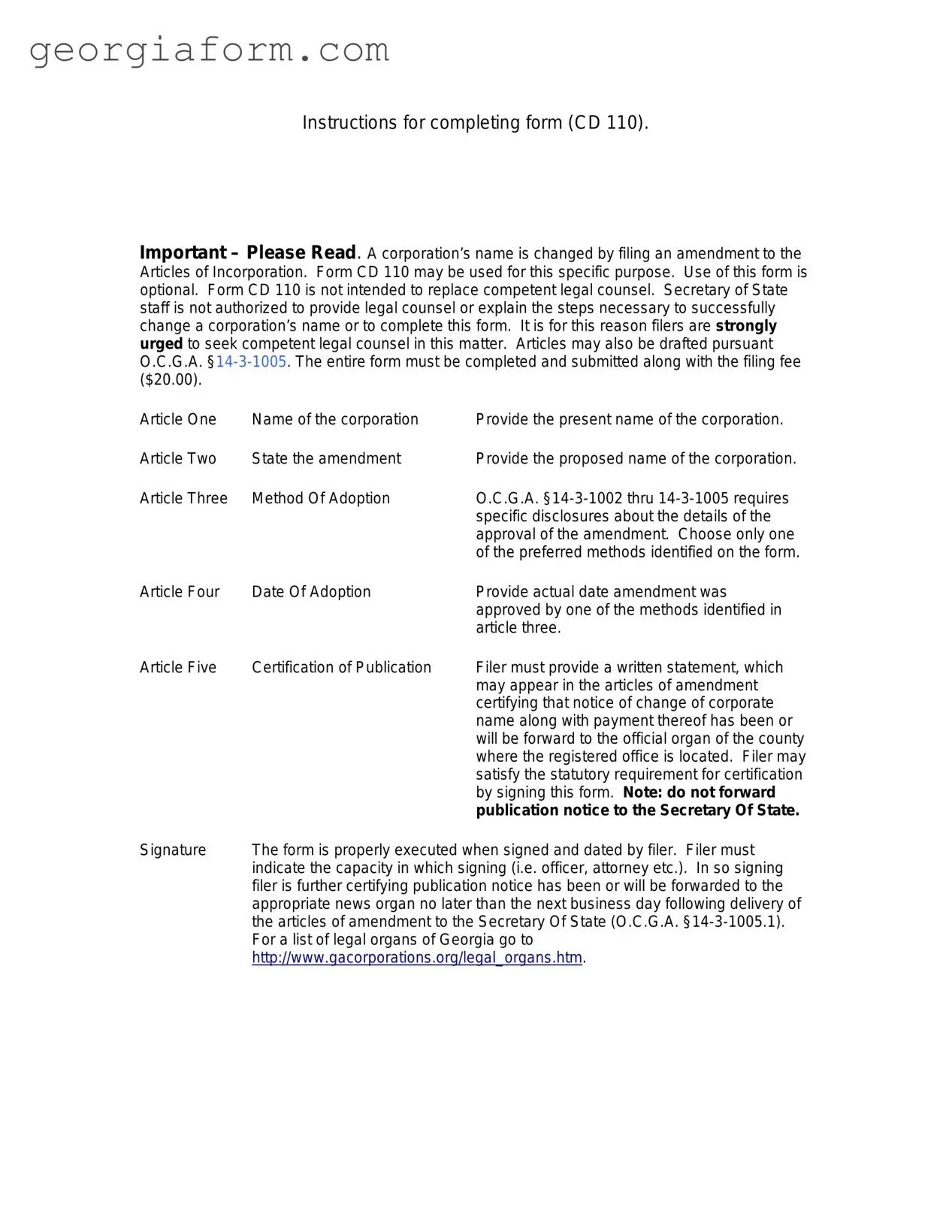 Free Articles Of Amendment Georgia Cd 110 Template in PDF