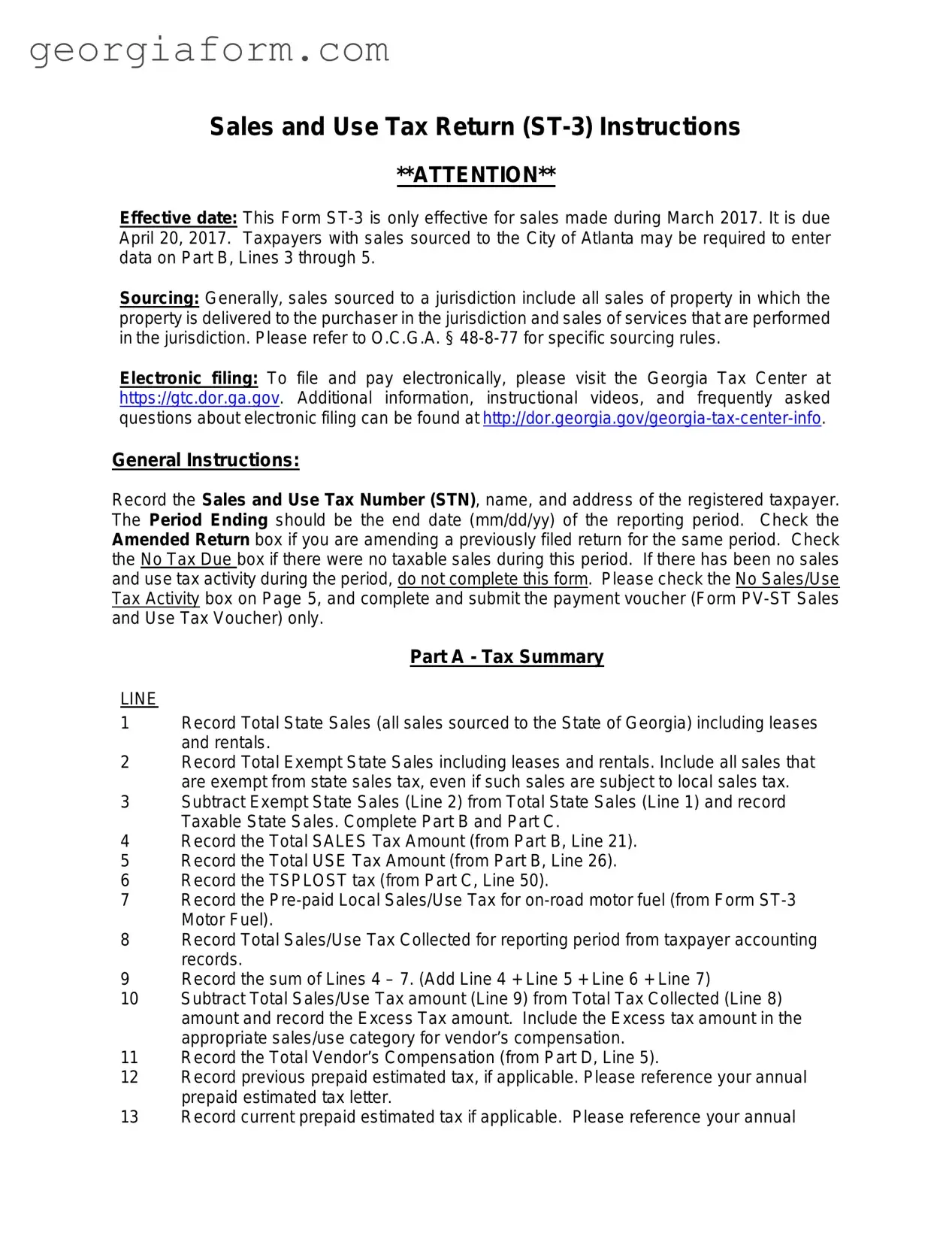 Free Ga St 3 Tax Template in PDF