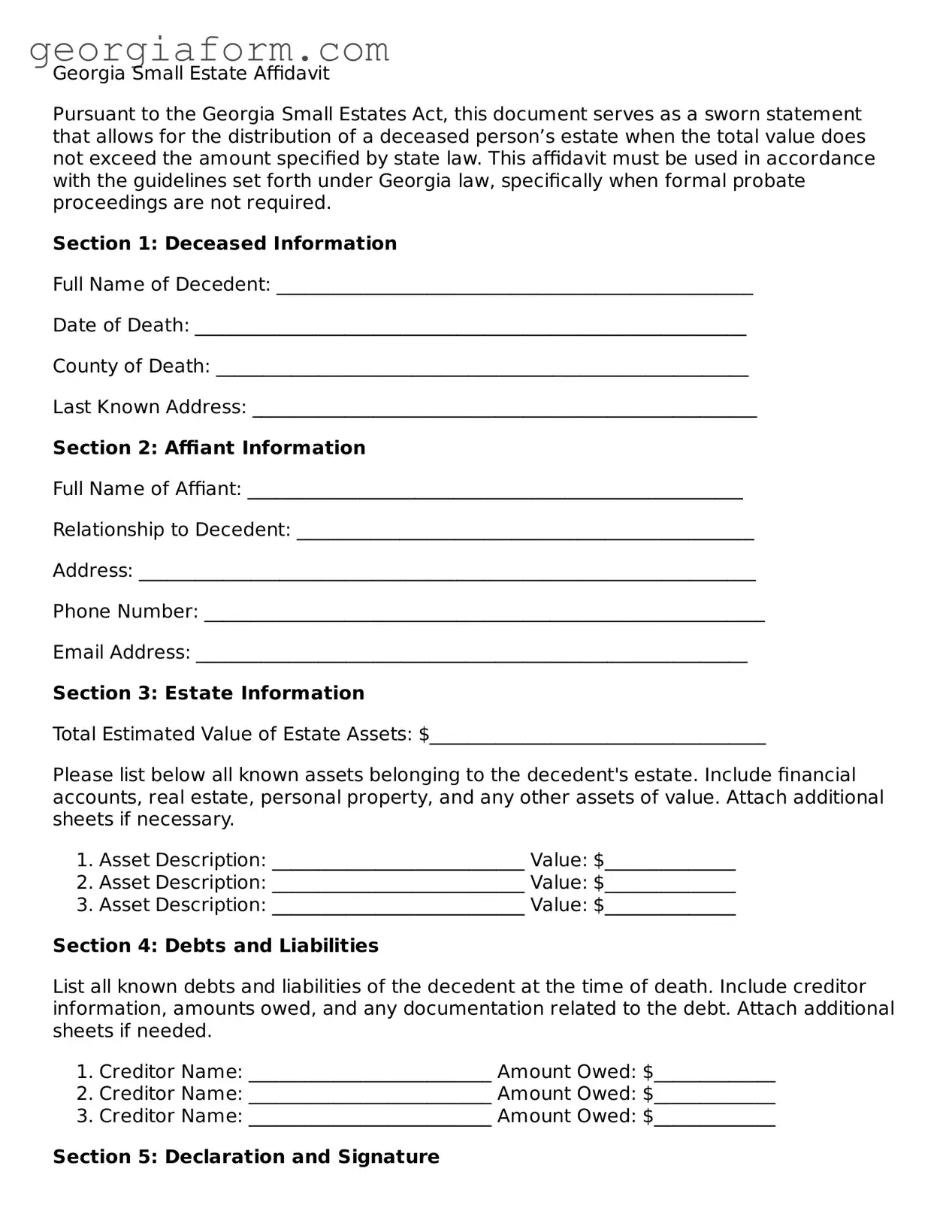 Legal  Small Estate Affidavit Form for Georgia