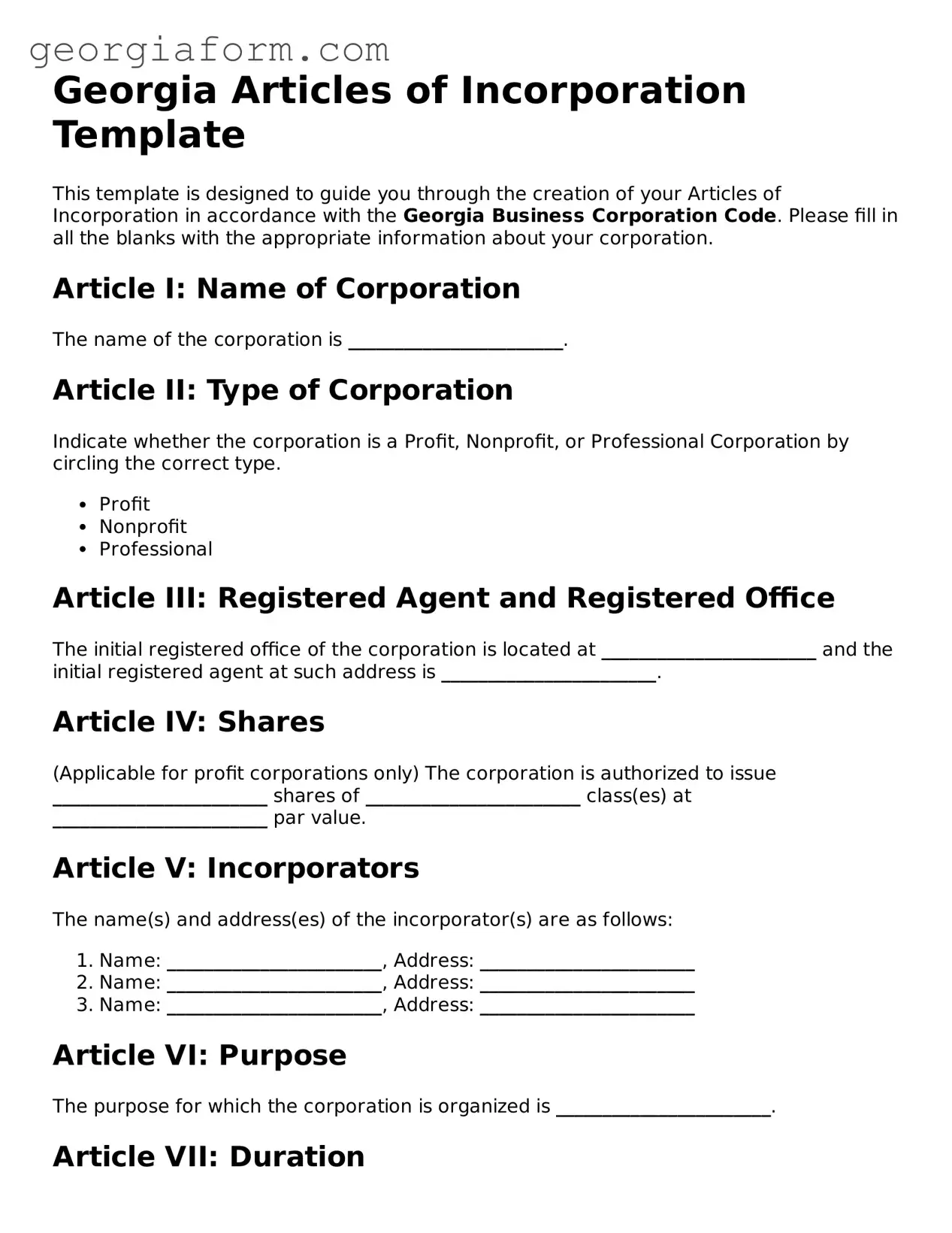 Legal  Articles of Incorporation Form for Georgia