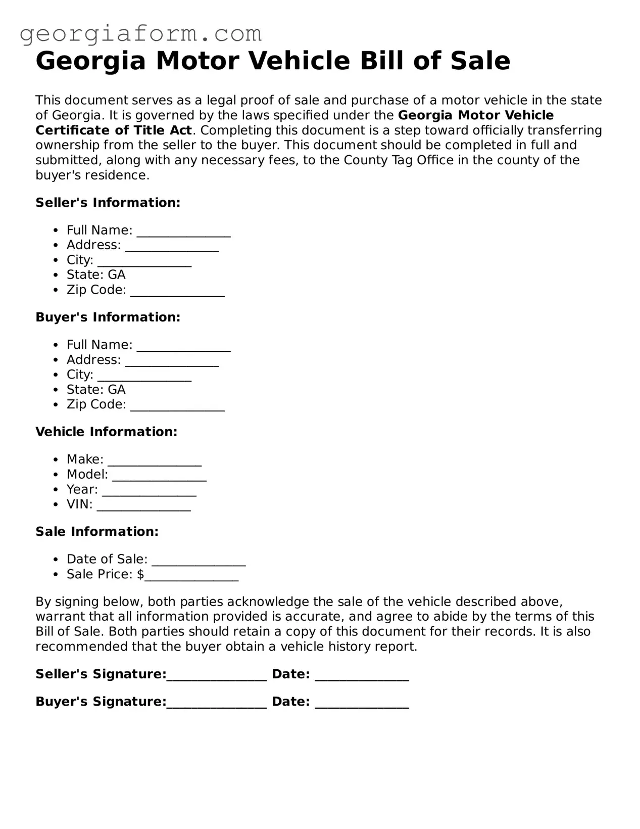 Legal  Motor Vehicle Bill of Sale Form for Georgia