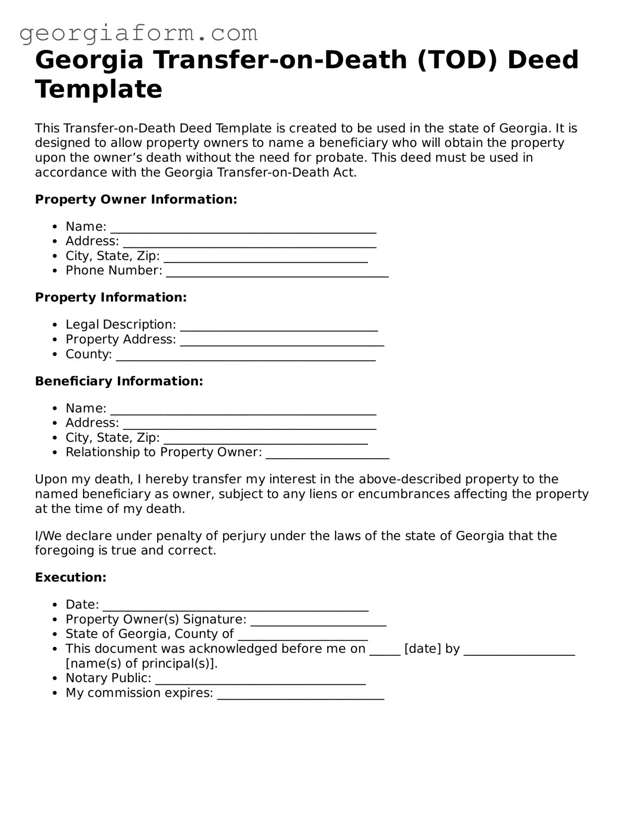 Free georgia transfer on death deed template fillable form