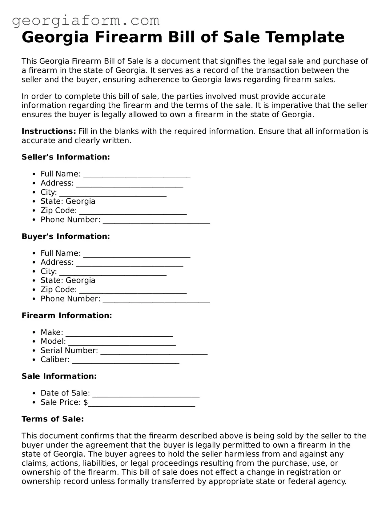 Legal  Firearm Bill of Sale Form for Georgia