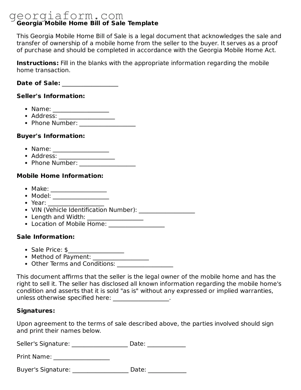 Legal  Mobile Home Bill of Sale Form for Georgia