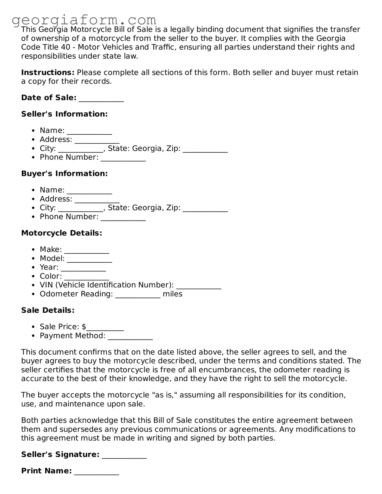 Legal  Motorcycle Bill of Sale Form for Georgia
