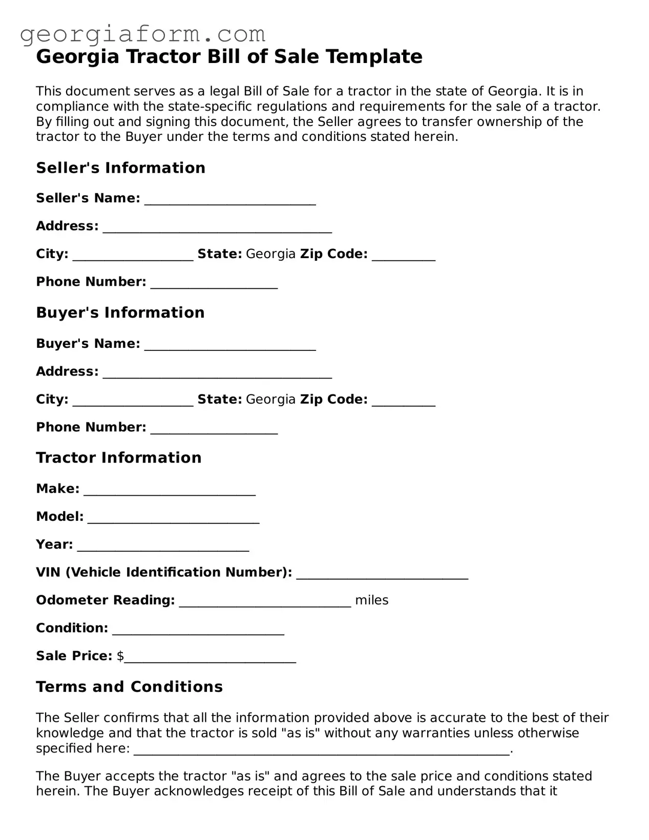 Legal  Tractor Bill of Sale Form for Georgia