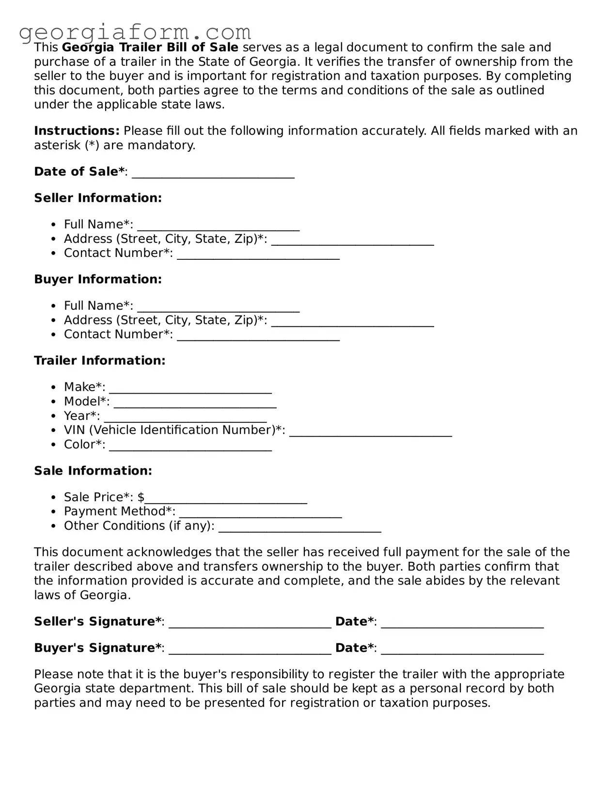 Legal  Trailer Bill of Sale Form for Georgia
