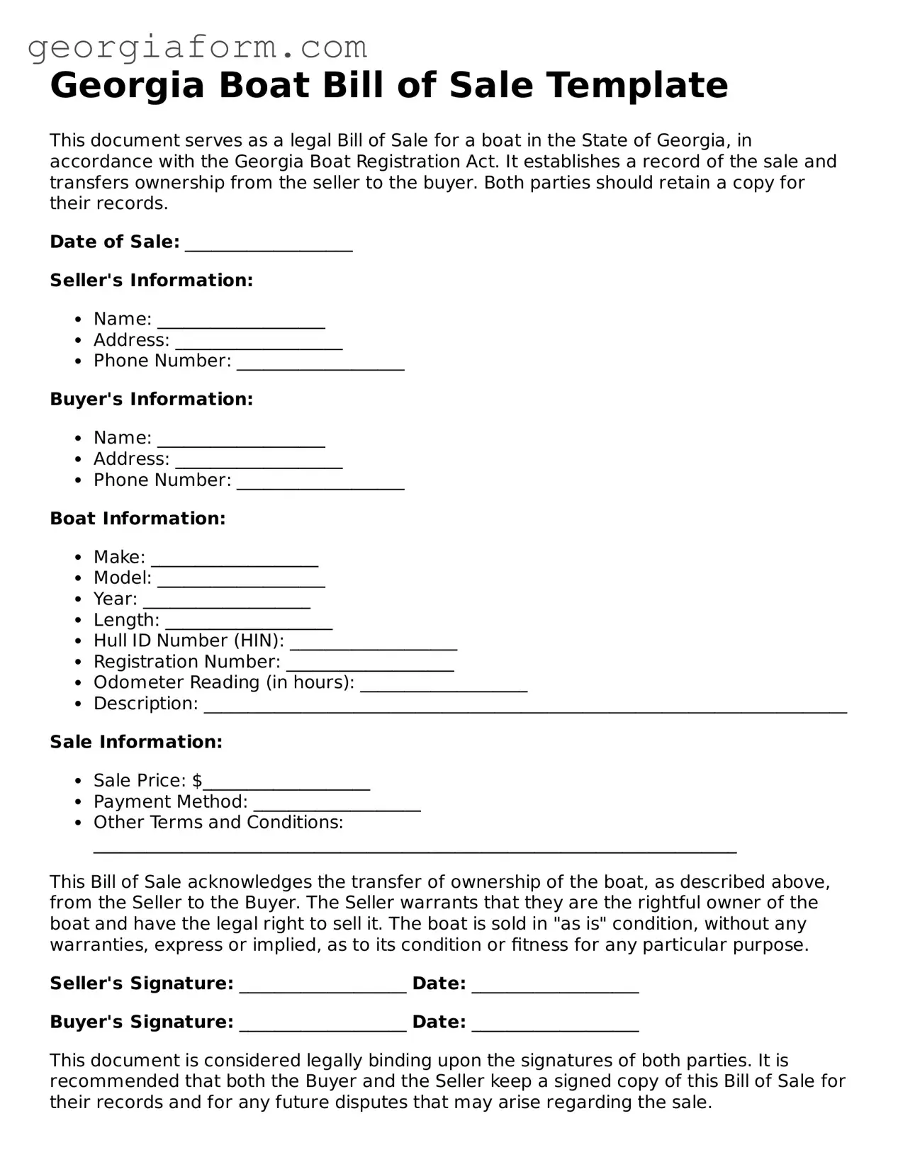Legal  Boat Bill of Sale Form for Georgia