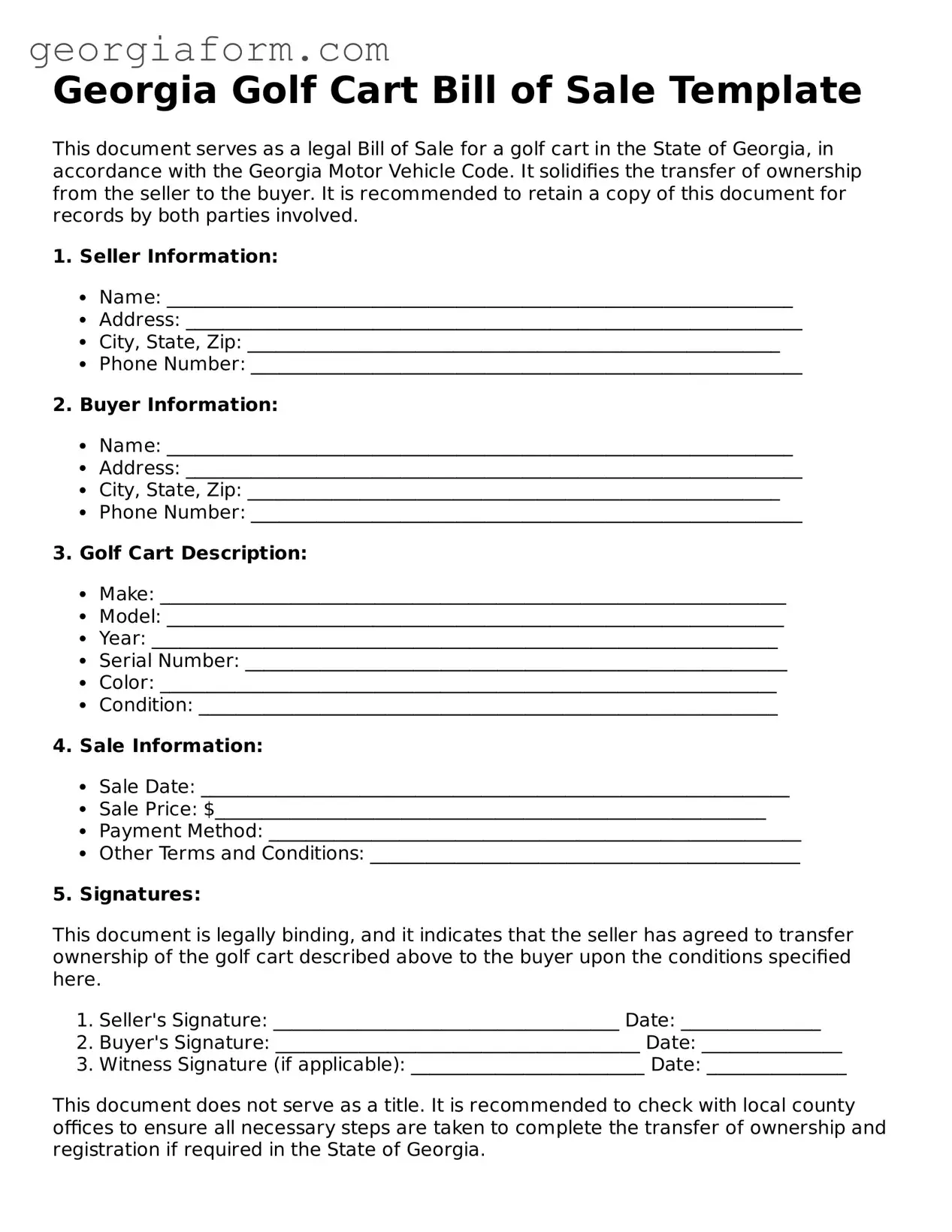 Legal  Golf Cart Bill of Sale Form for Georgia