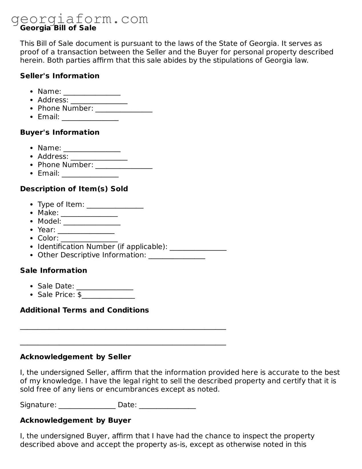 Legal  Bill of Sale Form for Georgia