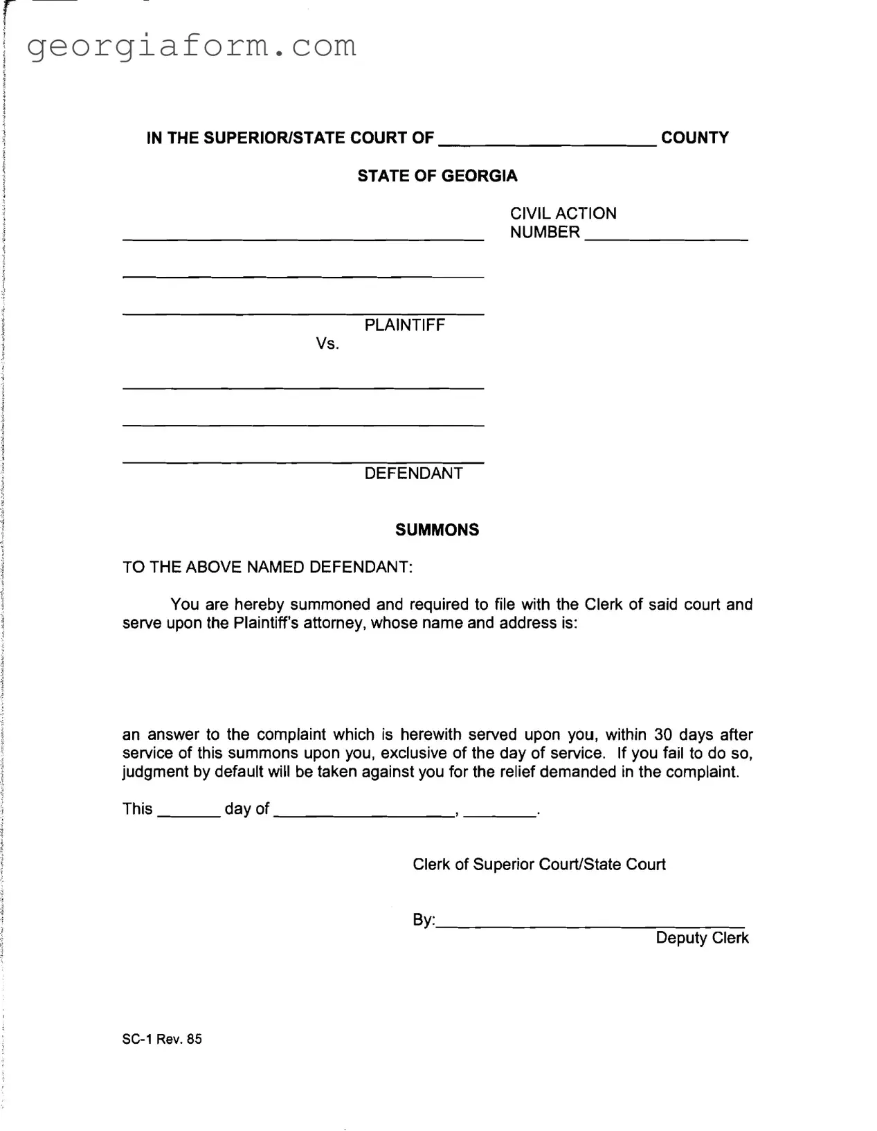 Free Georgia Civil Summons Template in PDF
