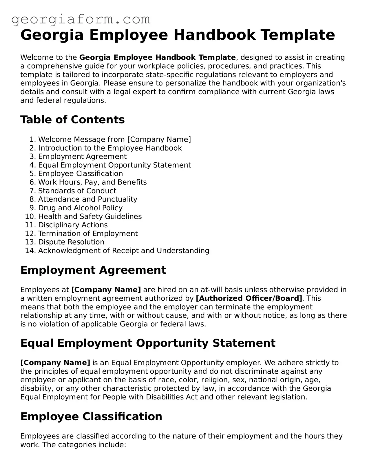Legal  Employee Handbook Form for Georgia