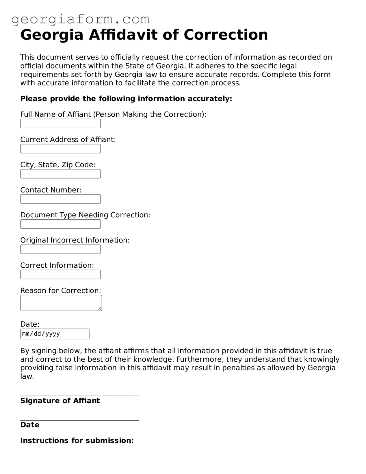 Legal  Affidavit of Correction Form for Georgia