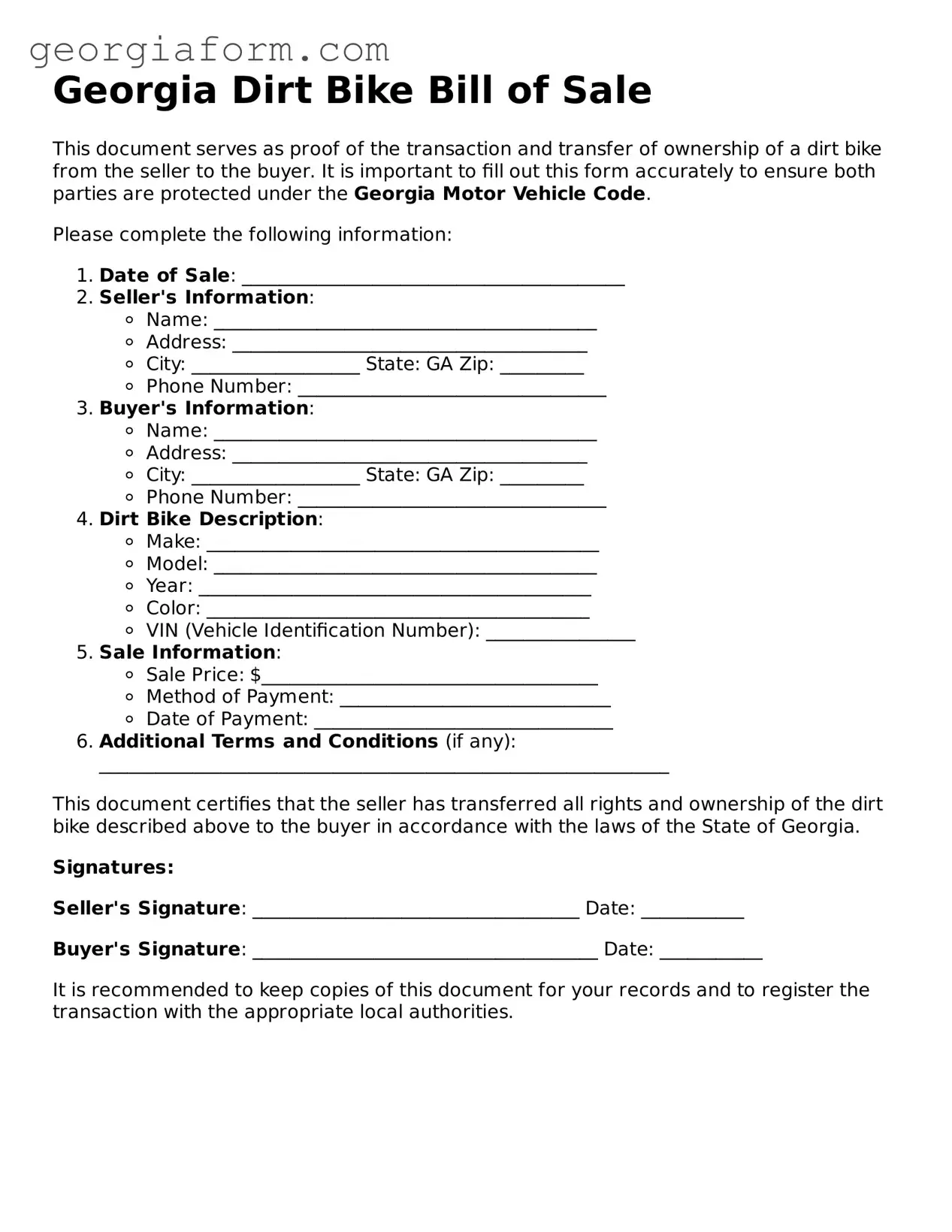 Legal  Dirt Bike Bill of Sale Form for Georgia