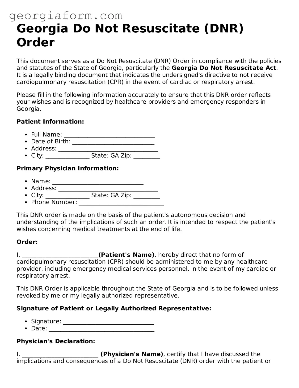 Legal  Do Not Resuscitate Order Form for Georgia