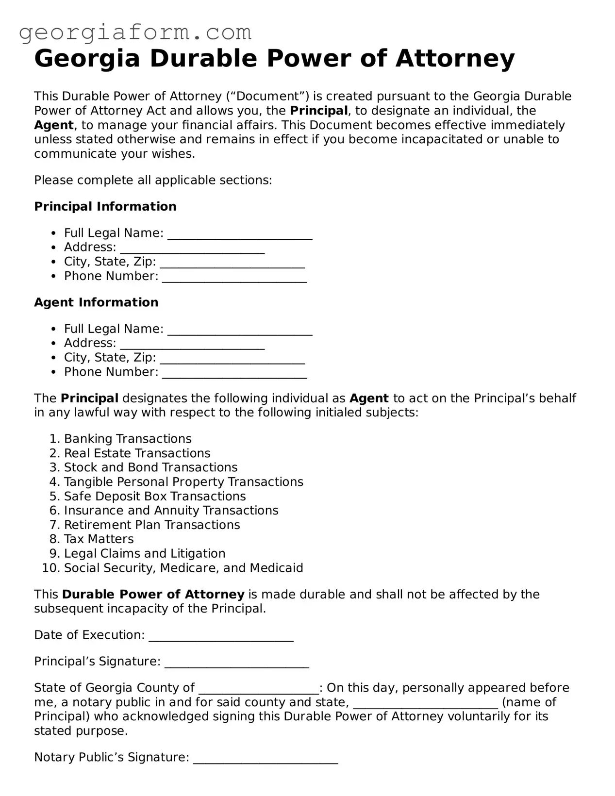 Legal  Durable Power of Attorney Form for Georgia