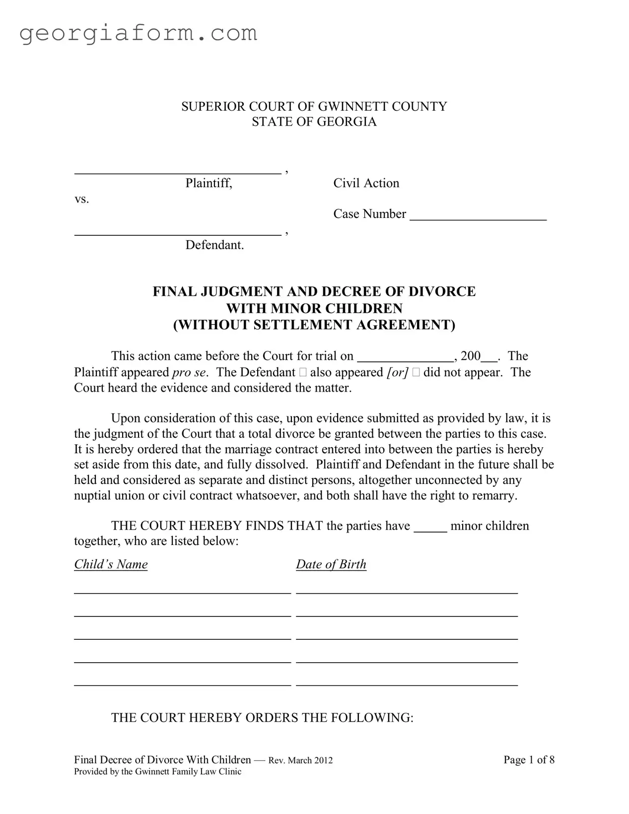 Free Georgia Final Decree Divorce Template in PDF