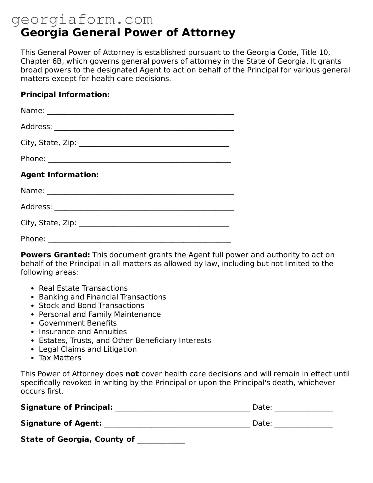 Legal  General Power of Attorney Form for Georgia