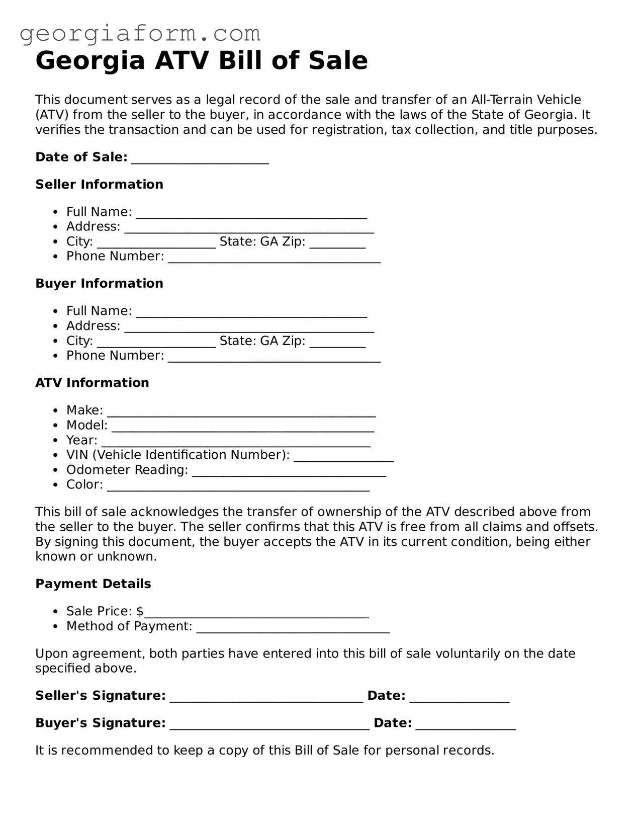 Legal  ATV Bill of Sale Form for Georgia
