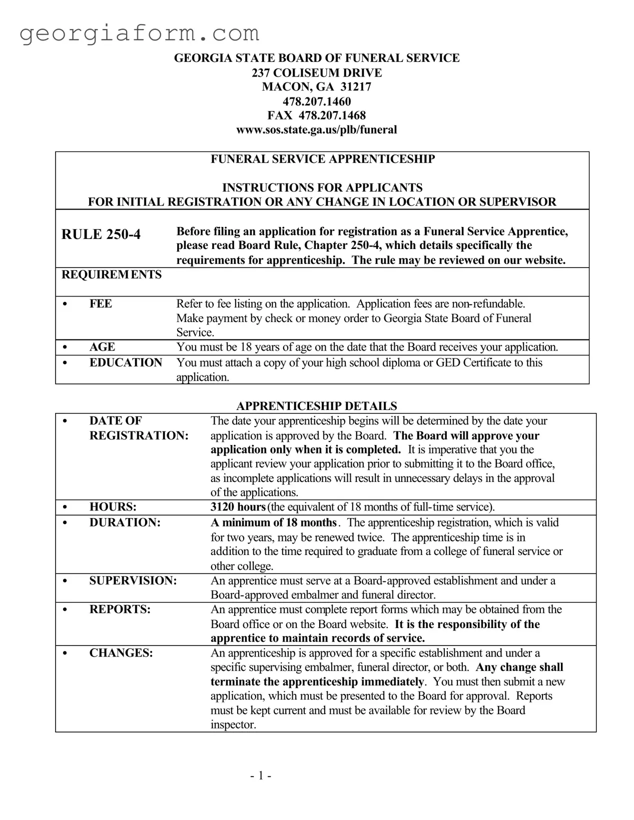 Free Georgia Funeral Service Apprenticeship Template in PDF
