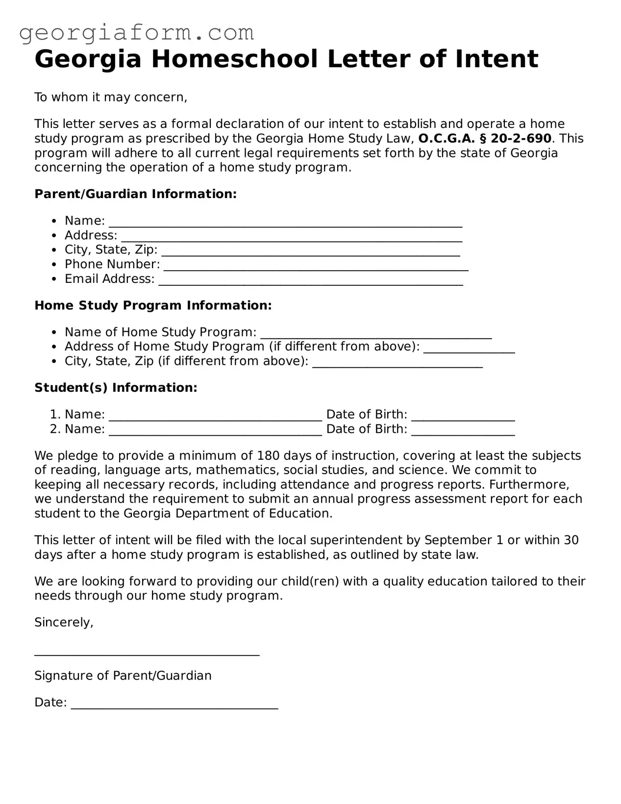 Legal  Homeschool Letter of Intent Form for Georgia
