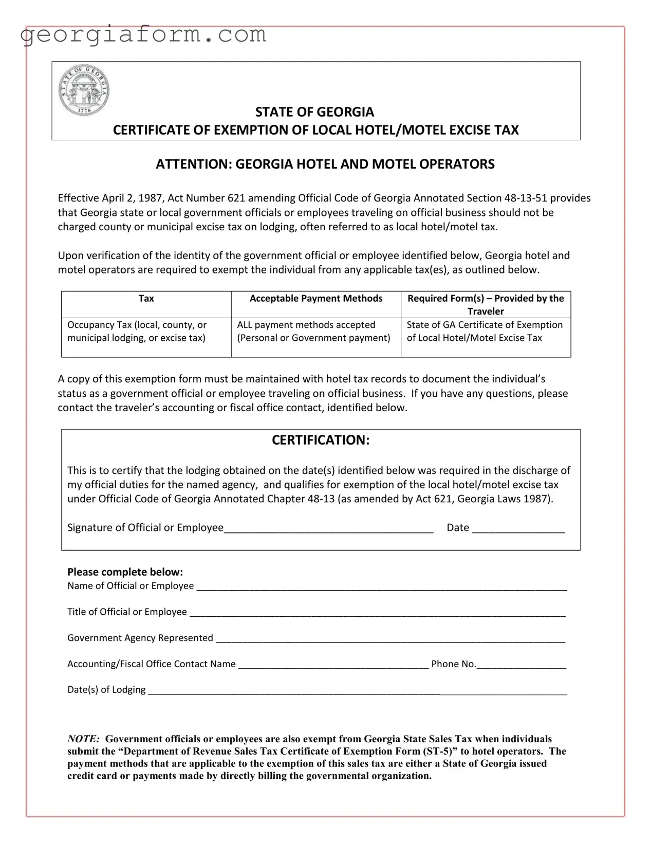 Free Georgia Hotel Tax Template in PDF