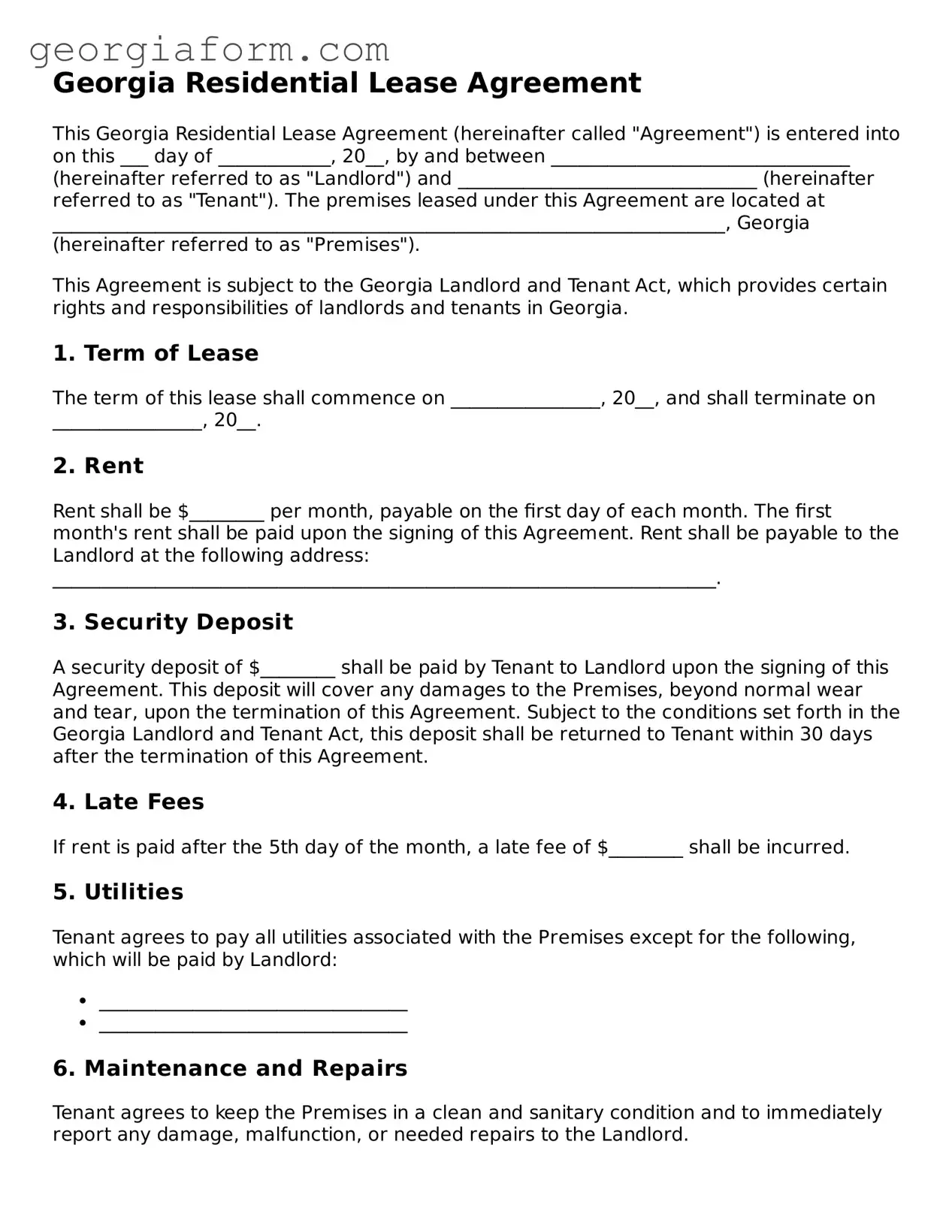 Legal  Residential Lease Agreement Form for Georgia