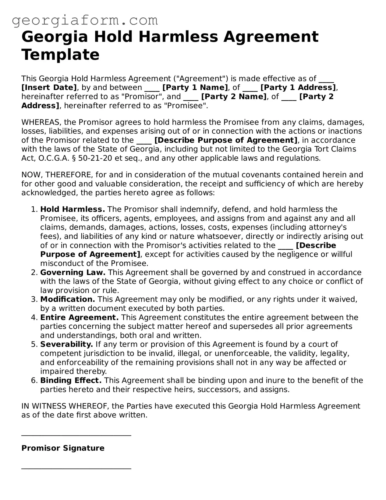 Legal  Hold Harmless Agreement Form for Georgia