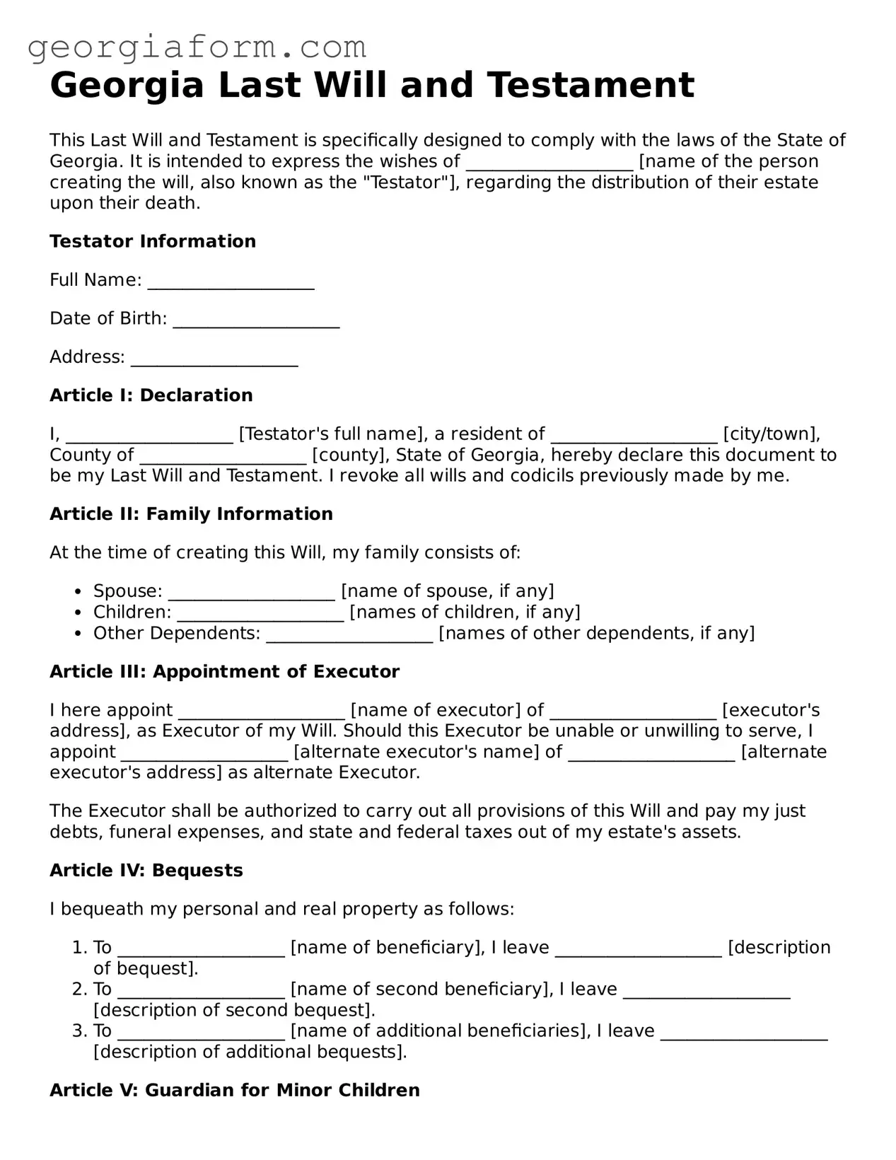 Legal  Last Will and Testament Form for Georgia