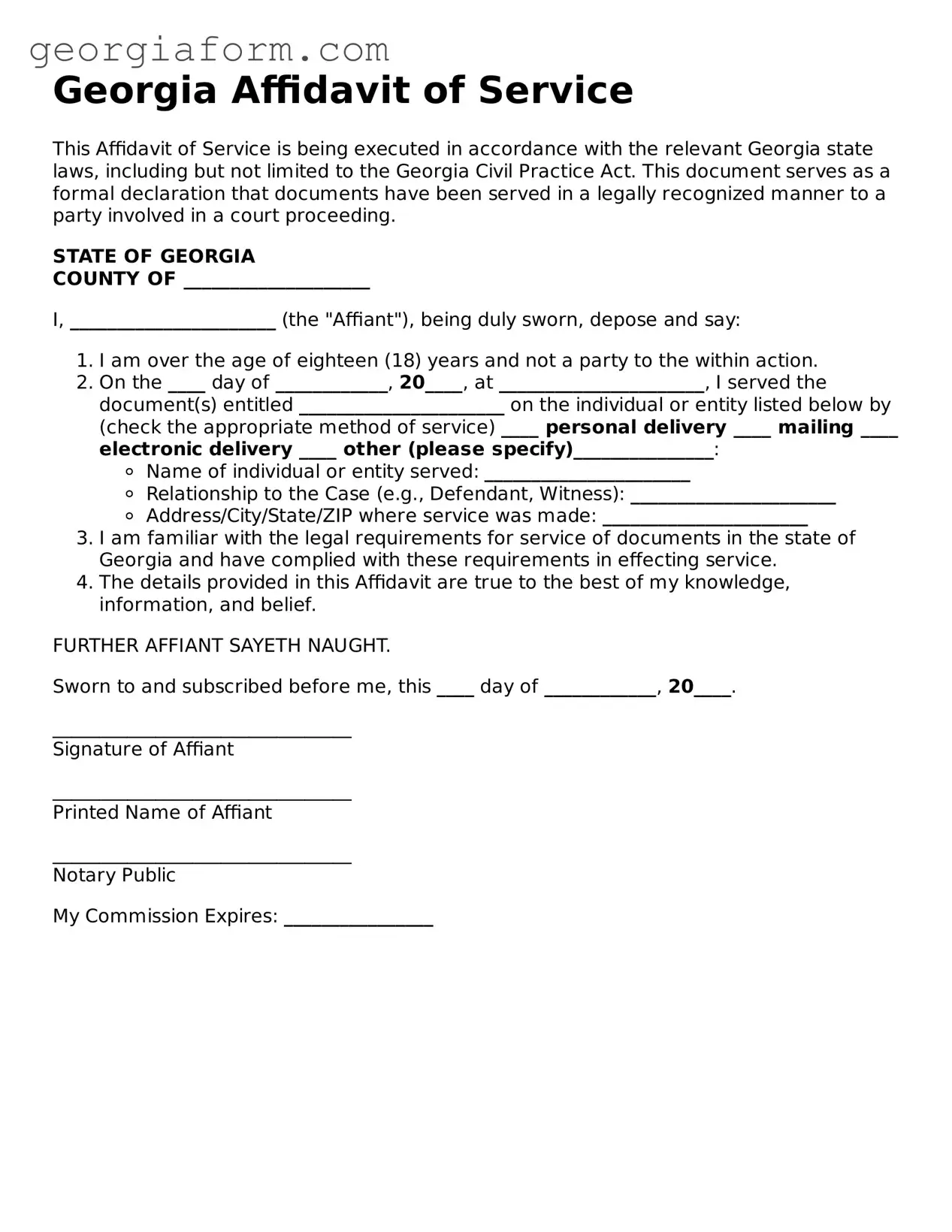 Legal  Affidavit of Service Form for Georgia