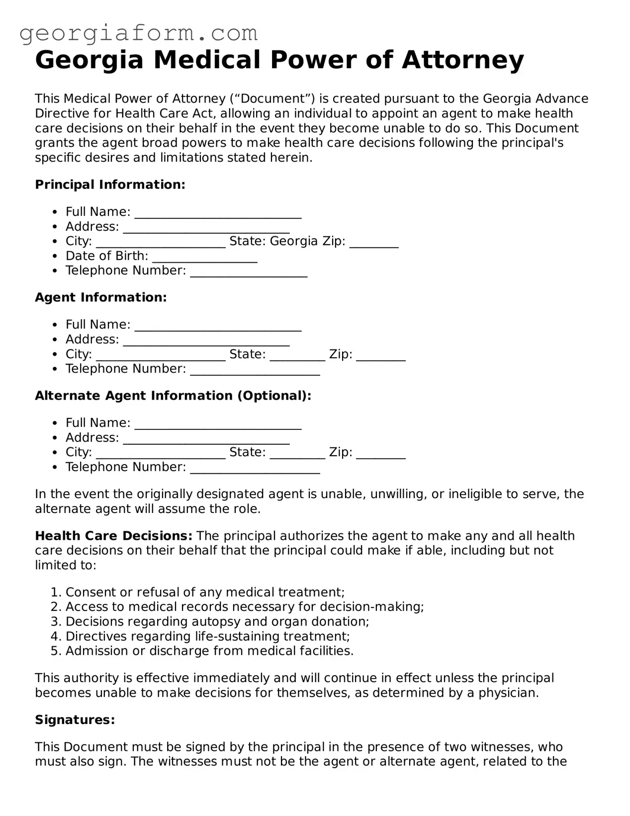 Legal  Medical Power of Attorney Form for Georgia