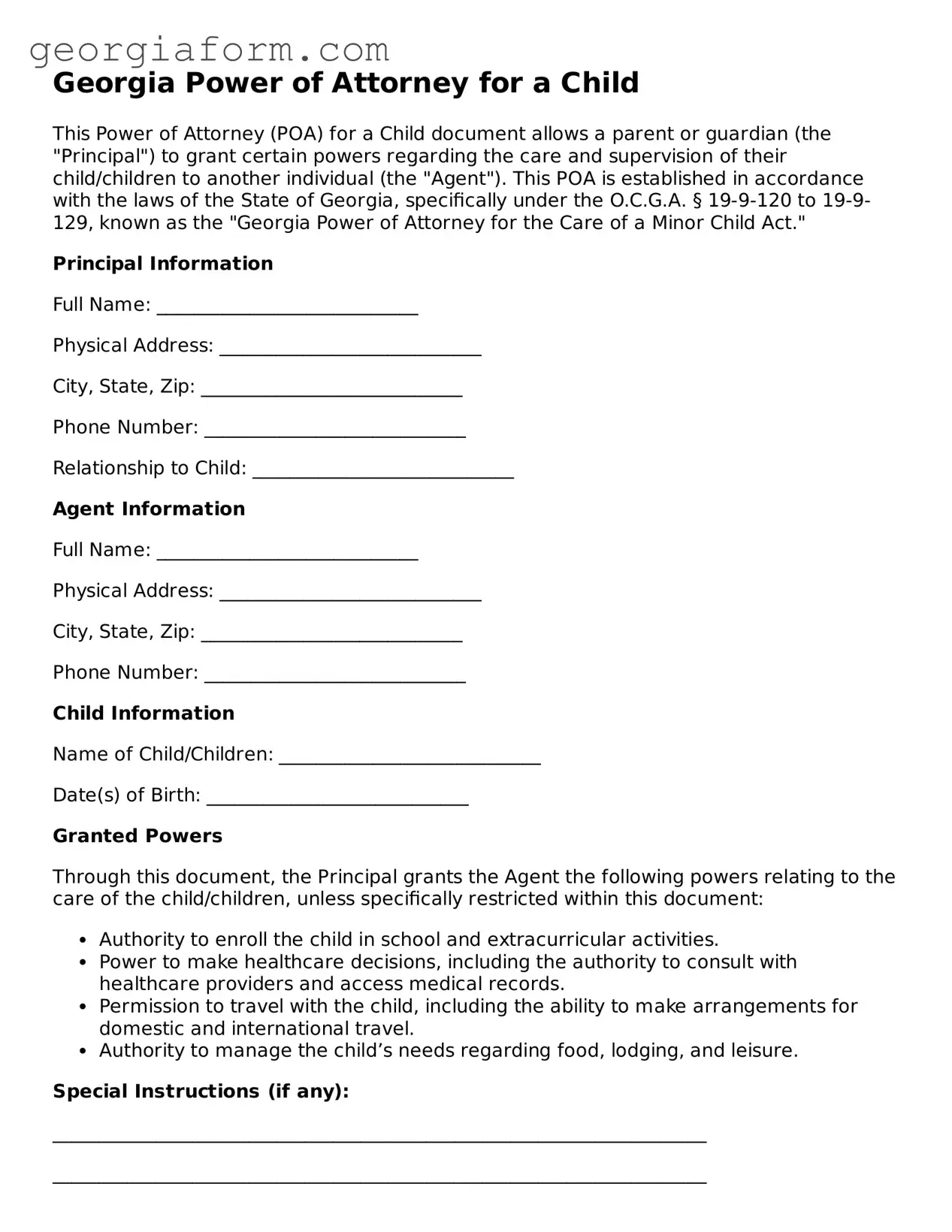 Legal  Power of Attorney for a Child Form for Georgia