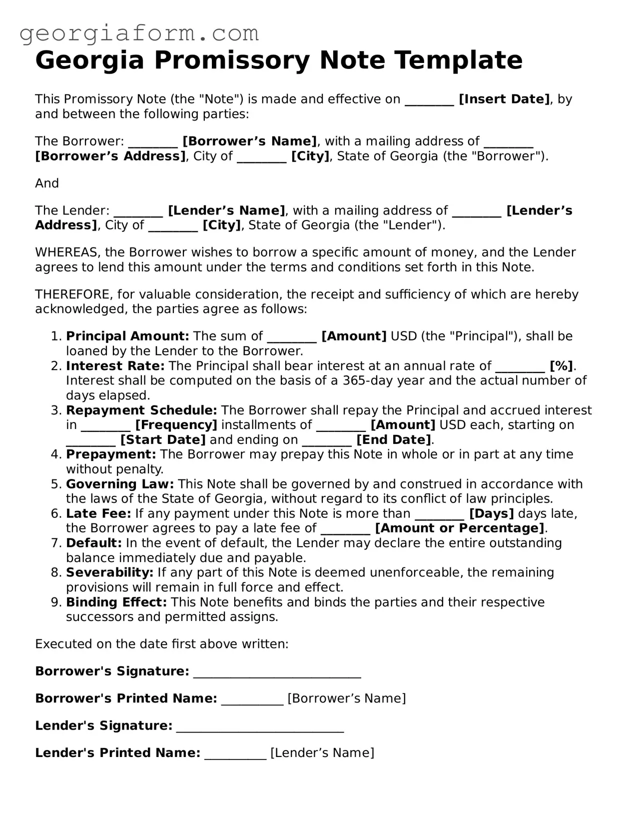 Legal  Promissory Note Form for Georgia
