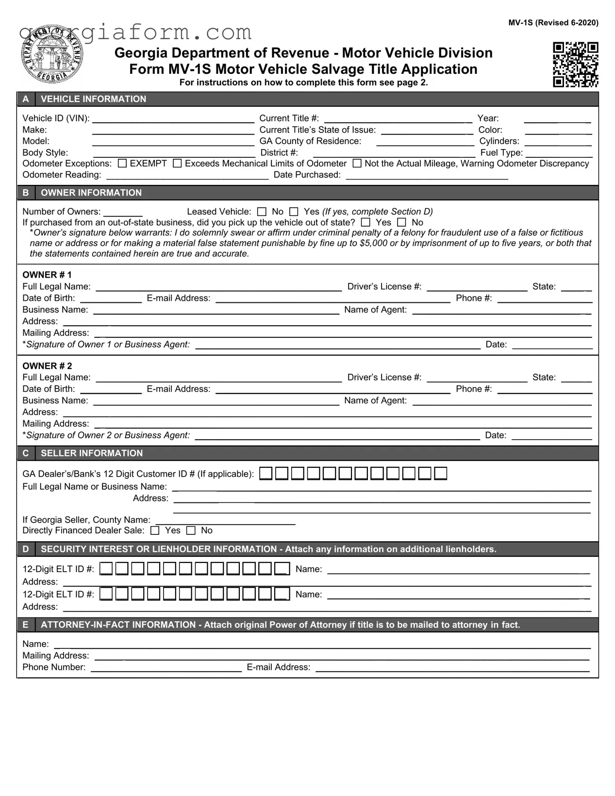 Free Georgia Mv 1S Template in PDF