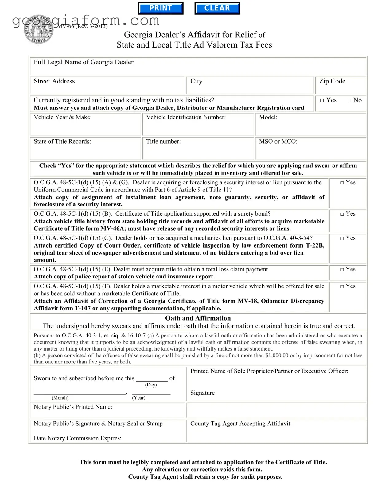 Free Georgia Mv 66 Template in PDF
