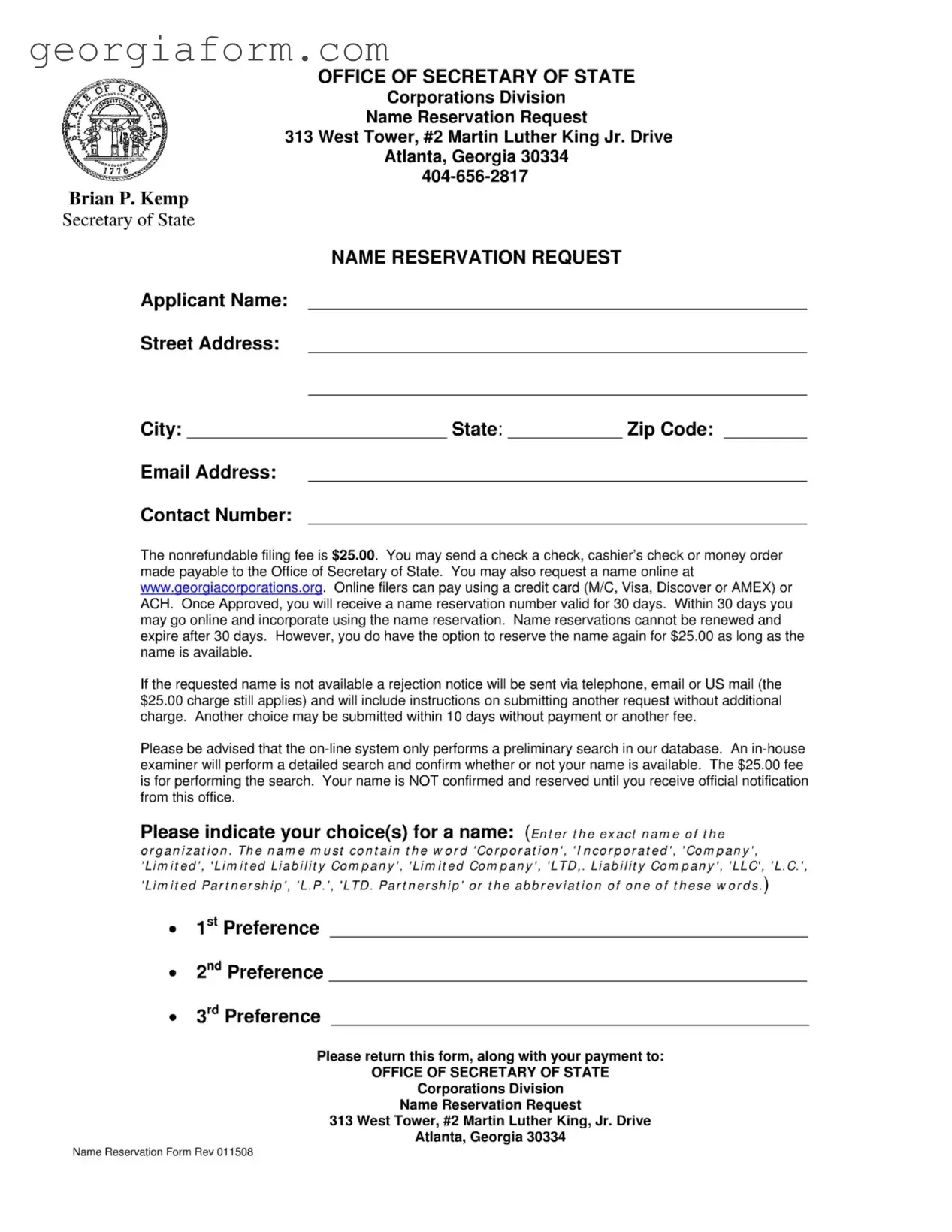 Free Georgia Name Reservation Template in PDF