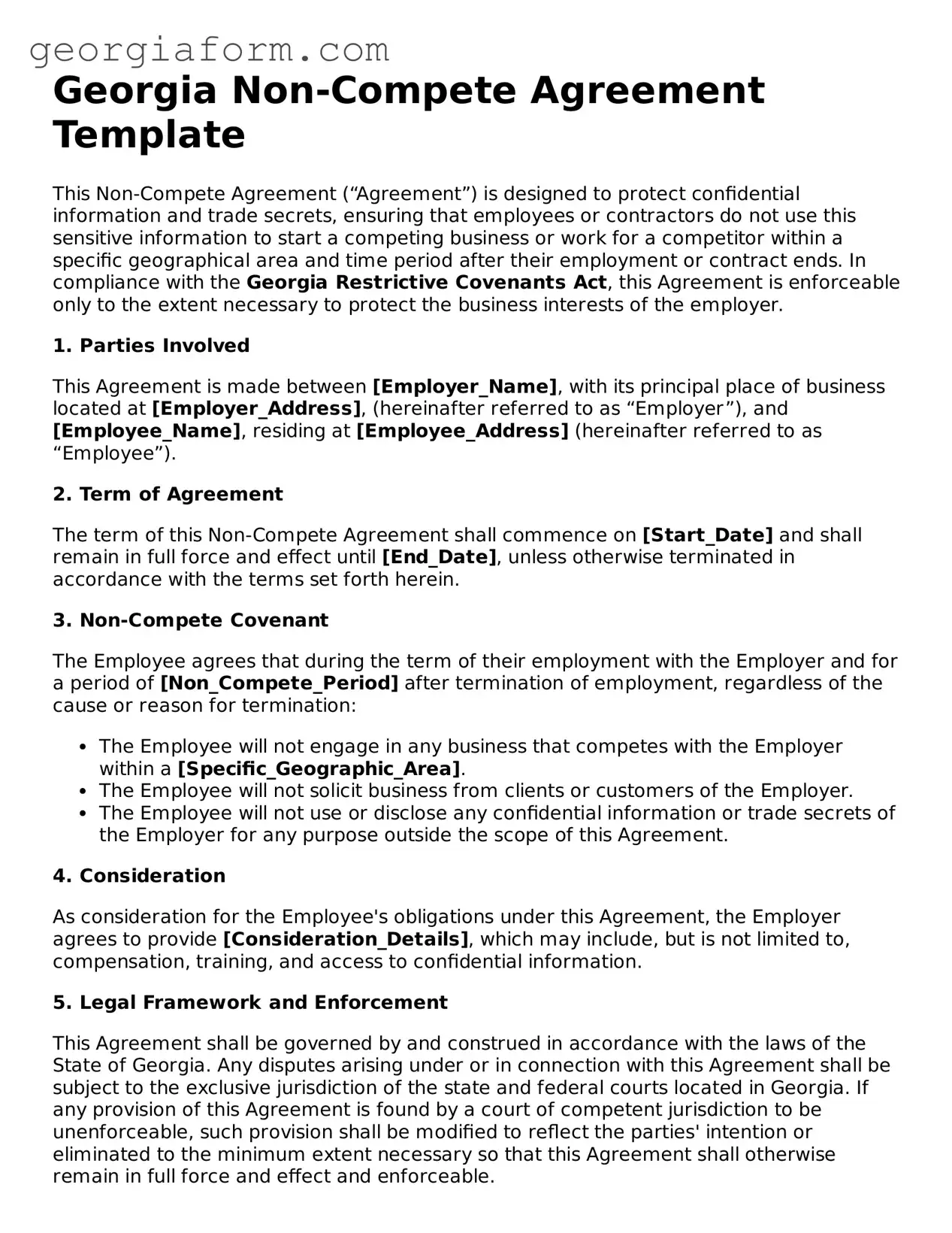 Legal  Non-compete Agreement Form for Georgia