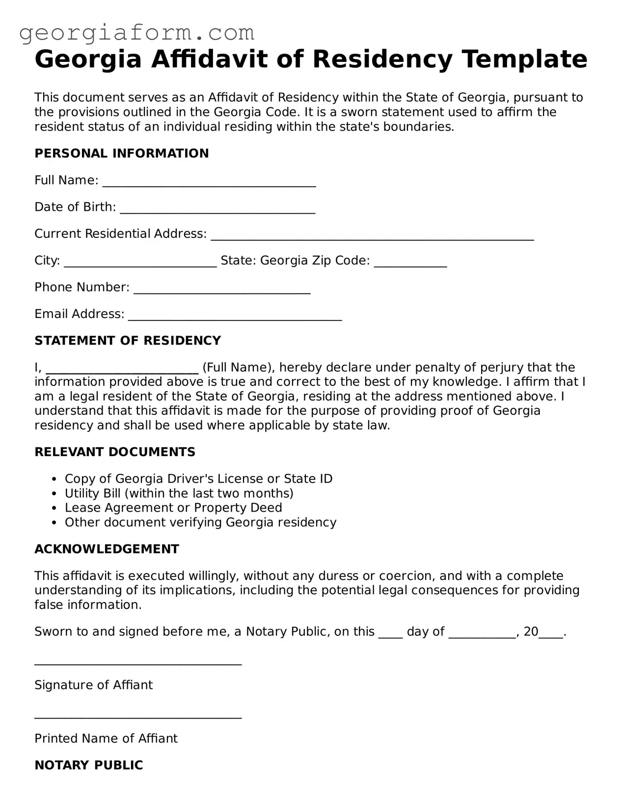 Legal  Affidavit of Residency Form for Georgia