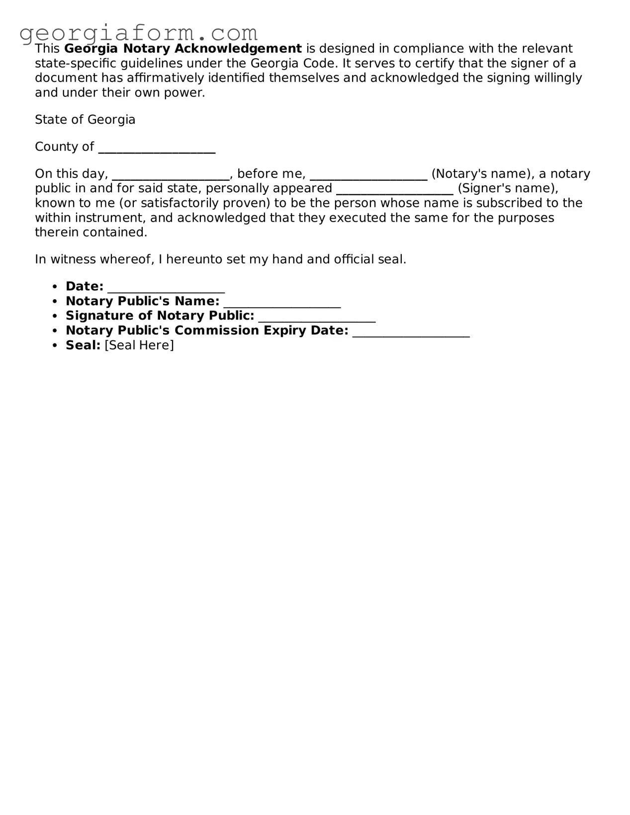 Legal  Notary Acknowledgement Form for Georgia