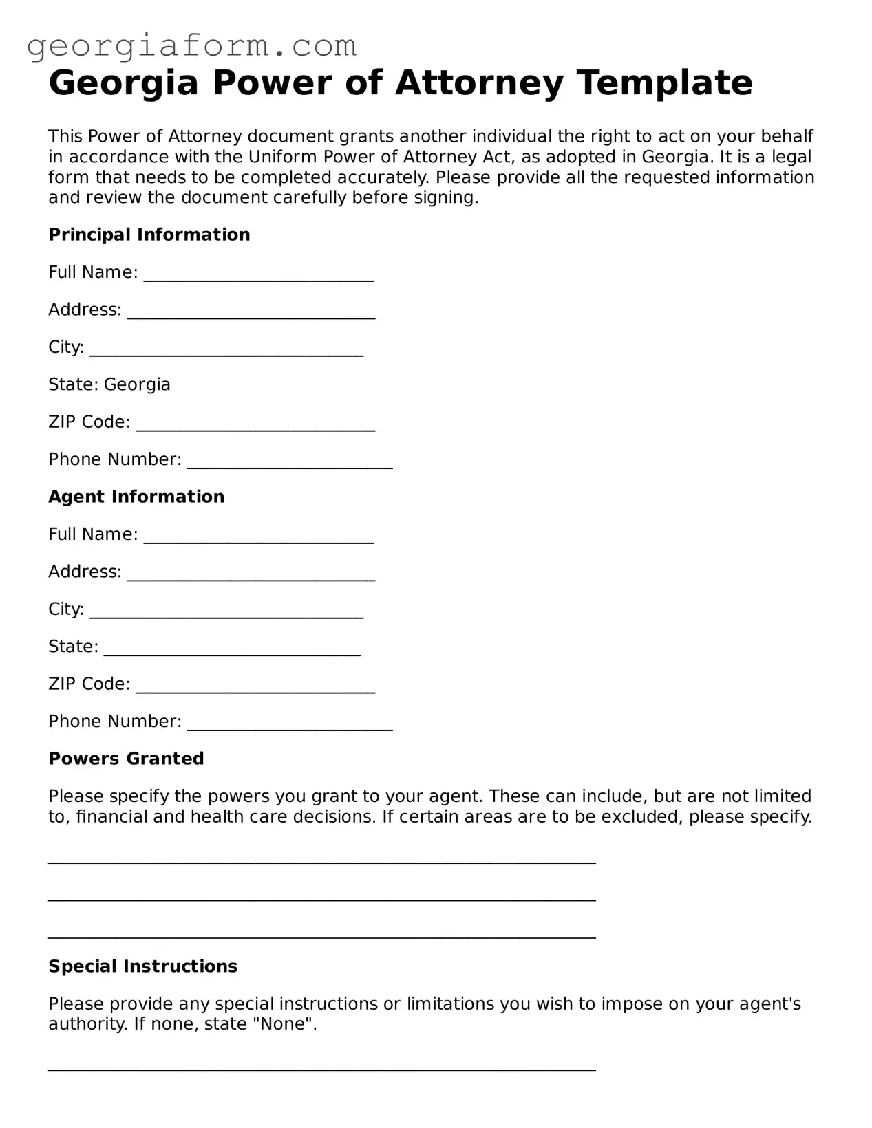 Legal  Power of Attorney Form for Georgia