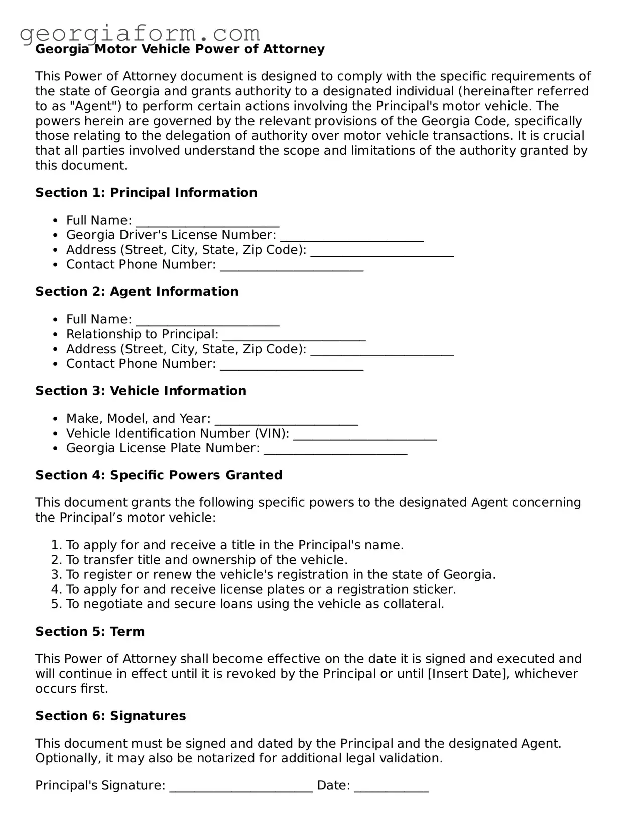 Legal  Motor Vehicle Power of Attorney Form for Georgia