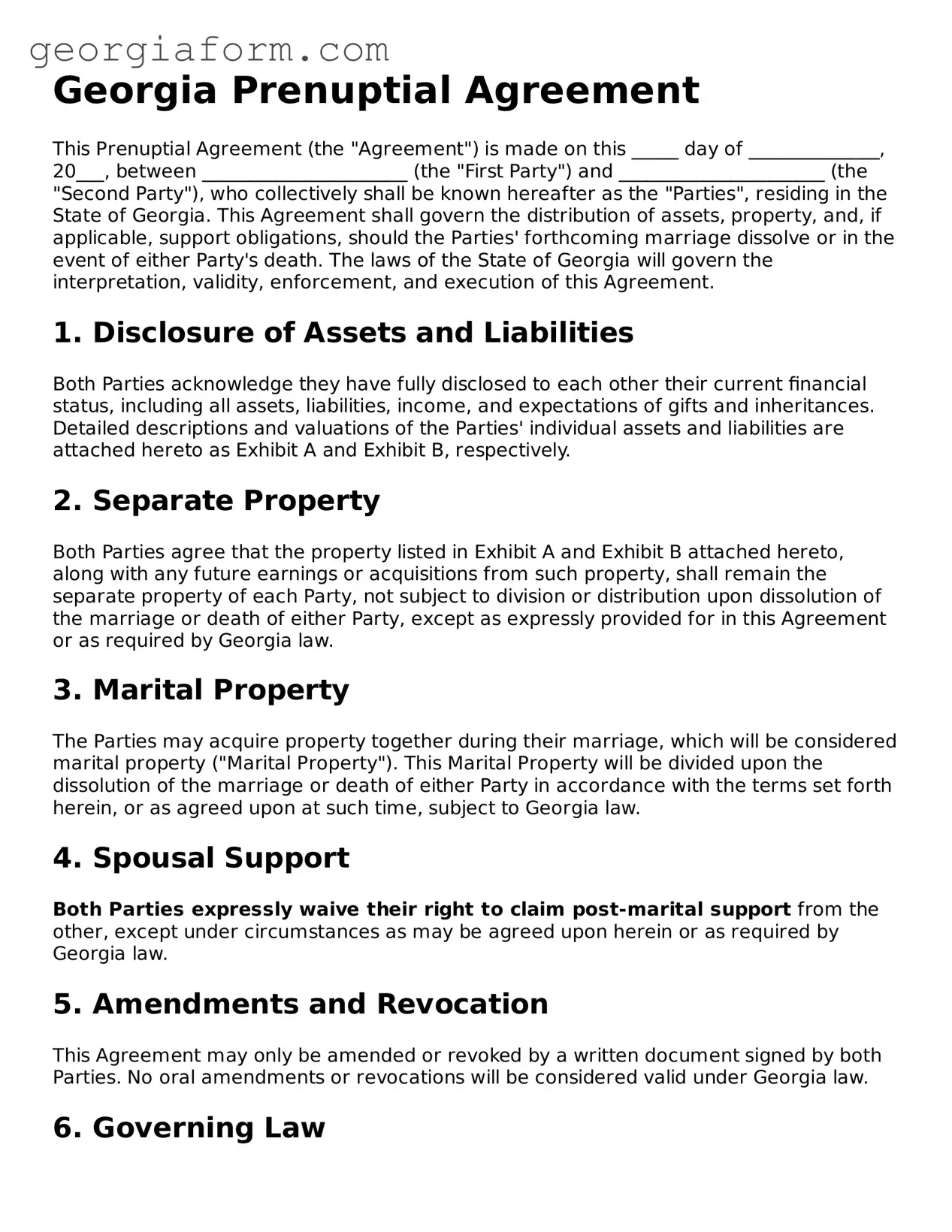 Legal  Prenuptial Agreement Form for Georgia