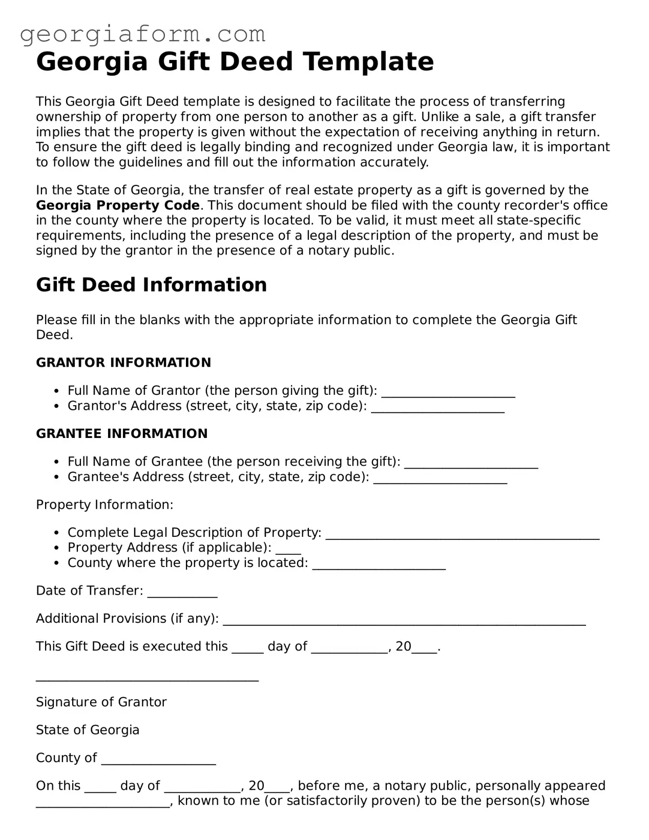 Legal  Gift Deed Form for Georgia