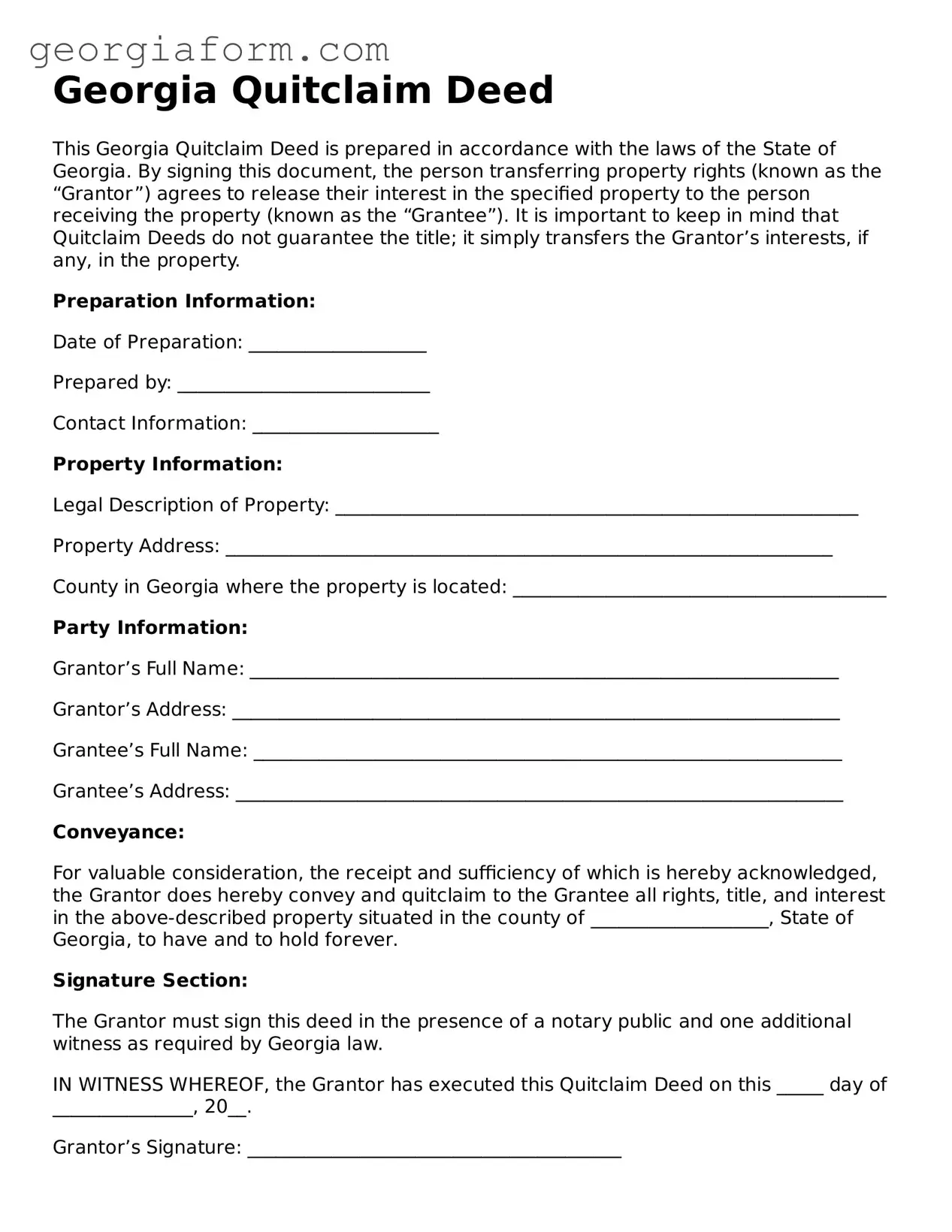 Legal  Quitclaim Deed Form for Georgia