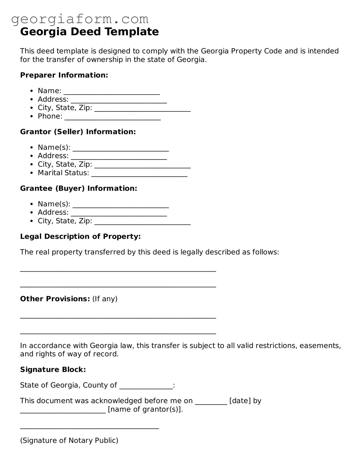 Legal  Deed Form for Georgia