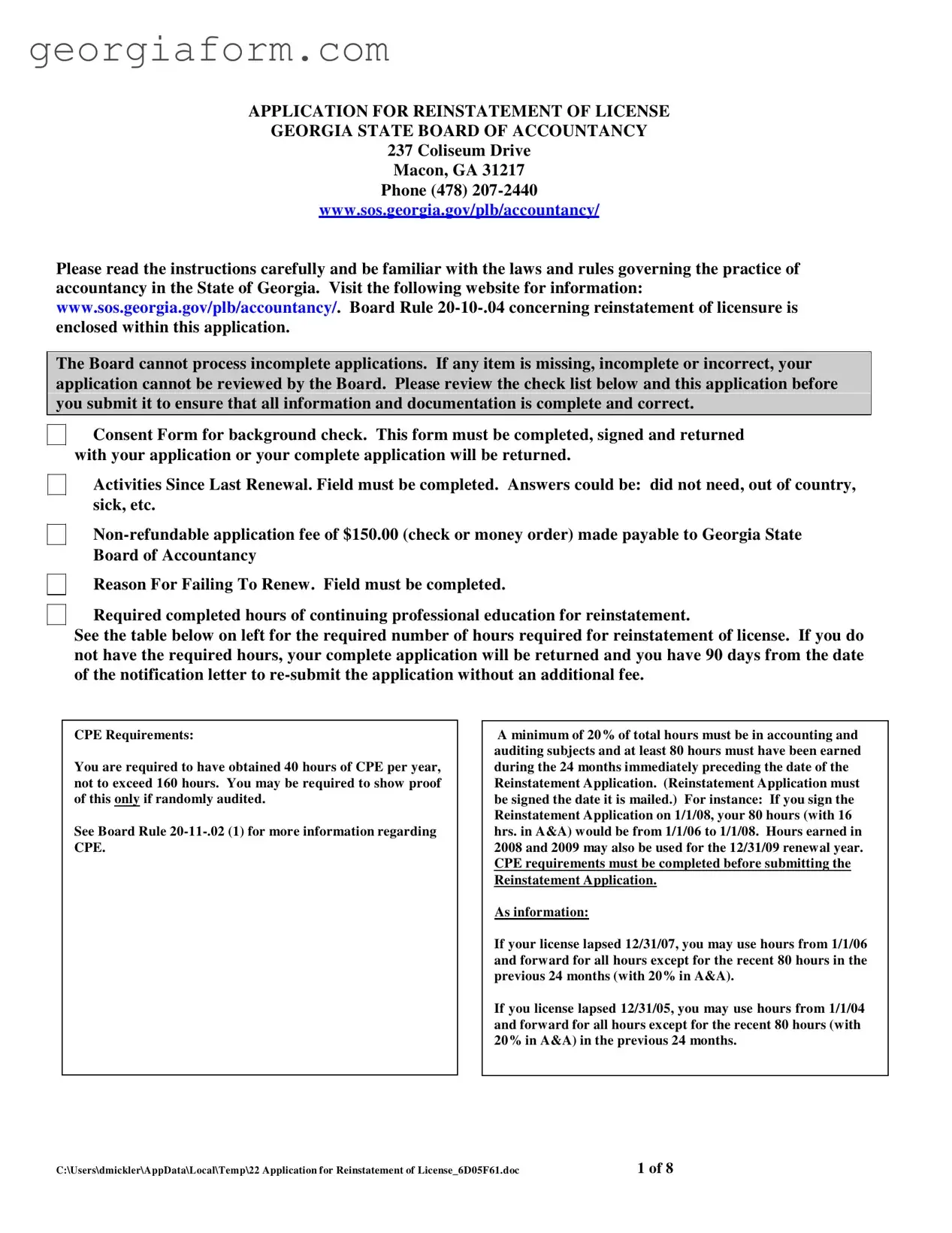 Free Georgia Reinstatement Nursing Template in PDF