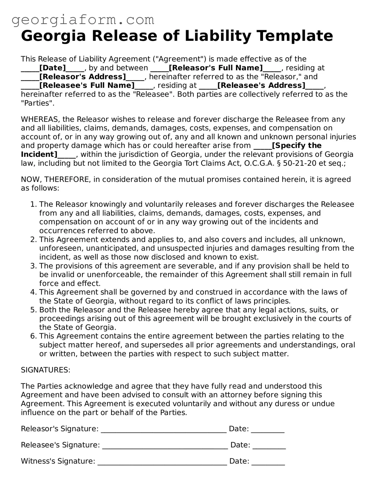Legal  Release of Liability Form for Georgia