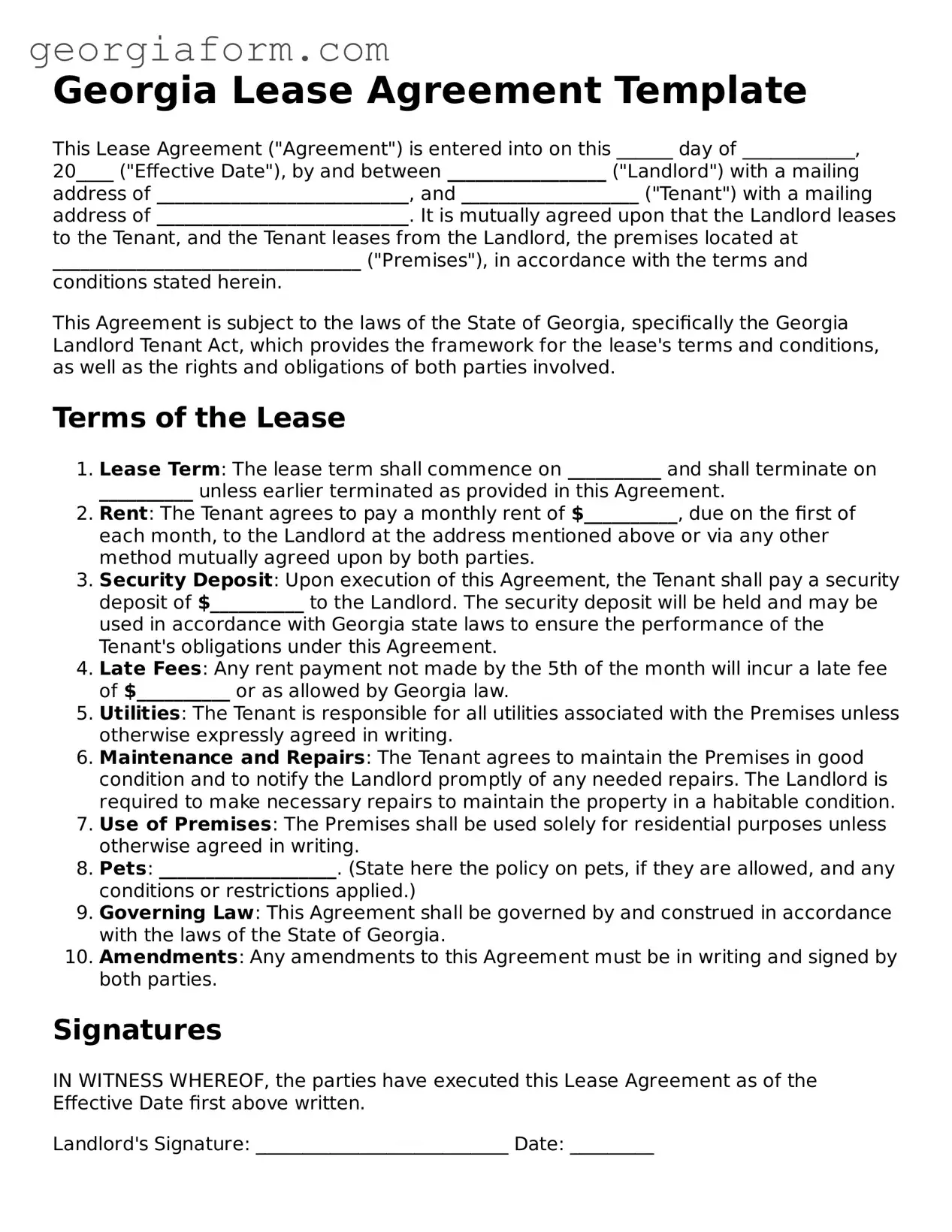 Legal  Lease Agreement Form for Georgia