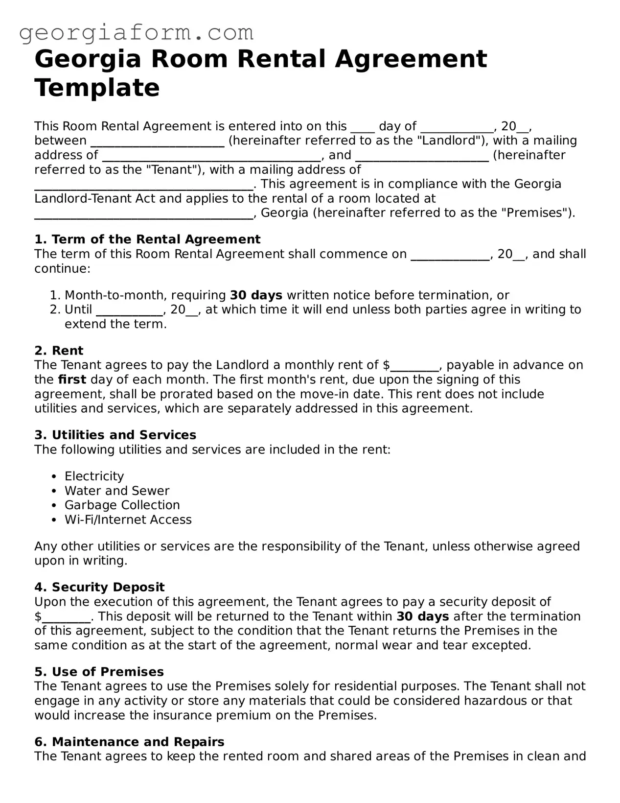 Legal  Room Rental Agreement Form for Georgia