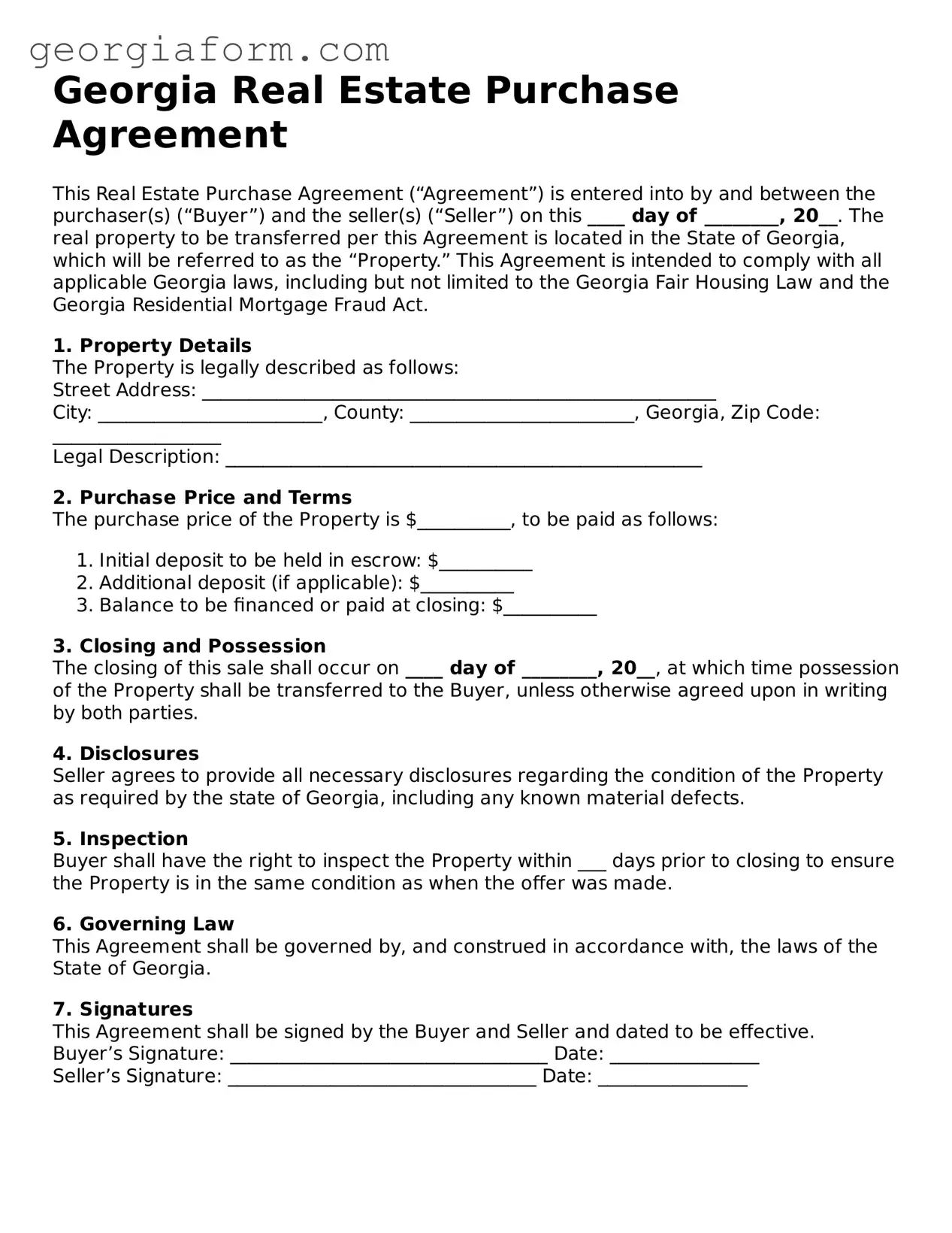 Legal  Real Estate Purchase Agreement Form for Georgia